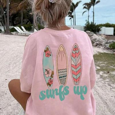 "TEMU Women's Casual Long Sleeve V-neck T-shirt With Surfboard Graphic Print & "surf's Up" Text - Pink & Teal Beach-themed Design, Medium Stretch, Machine Washable, , Relaxed | Mediumstretch Fabric" Image