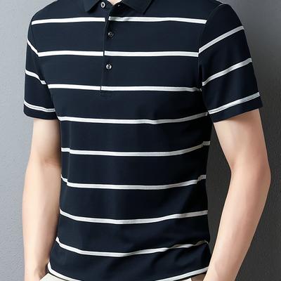 TEMU Men's Navy & White Striped Shirt - Casual Summer Golf Shirt With Short Sleeves, Button-up, And Collared Design, Outdoor Activities And Gifts, Casual Summer Wear | | Polyester Fabric Image