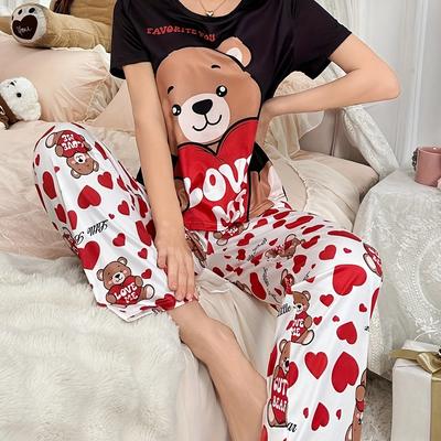 TEMU Bear And Love Printed Short Sleeved Pants Women's Pajama Set Image