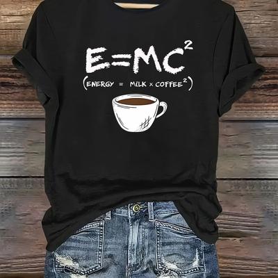 TEMU Women's Casual Short Sleeve T-shirt - E=mc² Coffee Print, White With Black Lettering, Relaxed Fit Round Neck, Machine Washable Tee, Relaxed Fit Shirt, Comfortable Casualwear Image