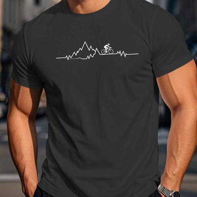 TEMU Men's Blue Cyclist Mountain Bike Graphic T-shirt - Casual Polyester Short Sleeve Crewneck, Summer Top With Ekg Line Detail Image