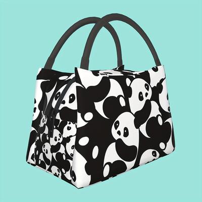 TEMU Panda Print Insulated Lunch Bag - Reusable, Leak-proof Tote With Black Handles, Ideal For Work, Picnics, & Camping, 11x6.3x6.7 In, Camping Gear | Design | Durable Handle, Lunch Bag Image