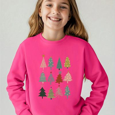 TEMU Creative Christmas Tree Print Round Neck Sweatshirt, Comfortable Casual Pullover Top, Girl's Clothing Image