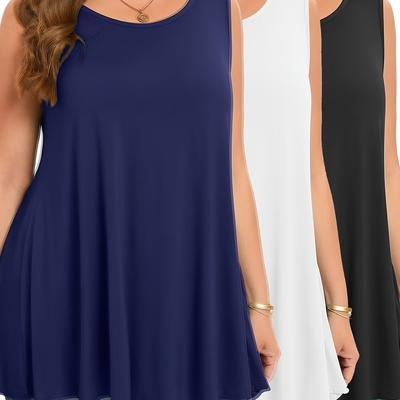 TEMU 3pcs Plus Size Elegant Sleeveless Tank Tops For Women - Solid Color, Stretchy & Comfortable, Round Neck, Spring/summer, Versatile As Outerwear Or Layering Piece, Solid Top Image