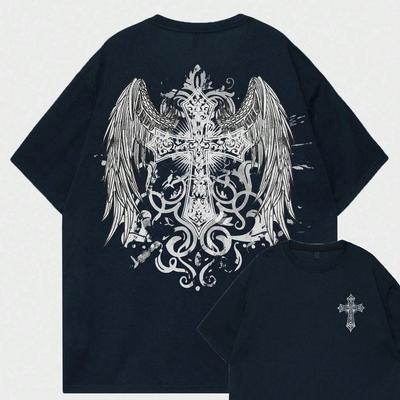 TEMU Grunge Punk Wings & Graphic Cotton T-shirt For Men - Casual Streetwear, Short Sleeve, Big Size (s-4xl), White With , Machine Washable, Graphic Tshirt | Casual Round Neck | Cotton Streetwear Image