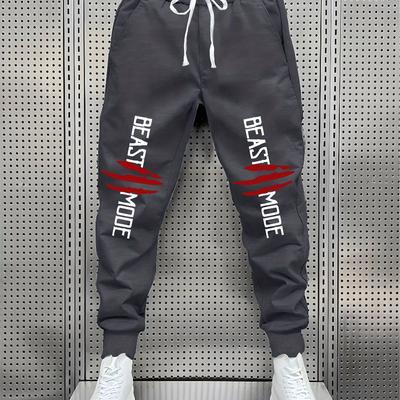 "TEMU Men's Plus Size Casual Sports Pants With Pockets - Trendy " Mode" Print, Elastic Waistband, Drawstring, Comfortable Polyester Fabric For Spring/fall, Plus Size" Image