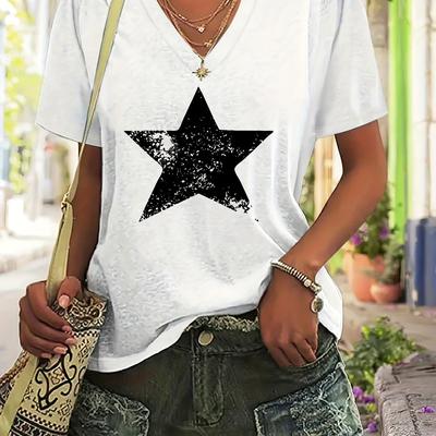 TEMU Women's Plus Size Casual V-neck T-shirt With , Short Sleeve, Stretchy Polyester Fabric, White, , Casual Wear | Shirt | Stretchy Fabric Image