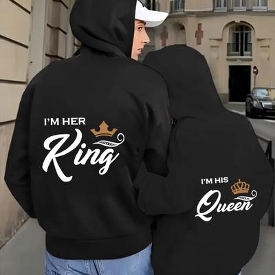 "TEMU 1pc Valentine's Day Couple's Hoodie Set - "i'm " & "i'm " Print, Plush Lined Pullover With Kangaroo Pocket, Casual Long Sleeve Sweatshirts For Outdoor Use, Casual Wear| Design|, Couples Hoodie" Image