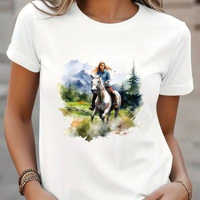 TEMU Women' Pattern T-shirt - Casual Round Neck, Short Sleeves, Polyester T-shirt, Abstract Print, Machine Washable. Image