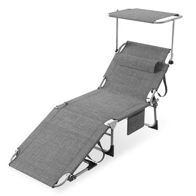 TEMU Foldable Sun Lounger, Portable Lounger With Side Pocket, Beach Lounger, Garden Lounger With Roof, Deck Chair With Adjustable Backrest, Including Pillow - For Balcony, Terrace, Camping Image