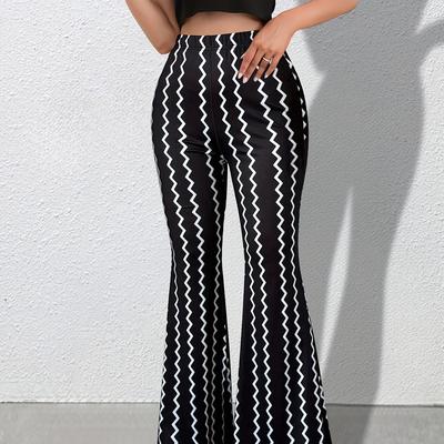 TEMU Women's Casual Flared Pants With Color Block Pattern, Long Polyester Knit Fabric, Adult Fashion Pants For All Image