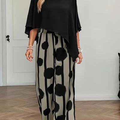 TEMU Women's Elegant Pajama Set With -shoulder Top & Colorful Print Pants - Asymmetrical Hem, Polyester, Spring/summer/fall, Casual Wear|asymmetrical Top|polyester Image