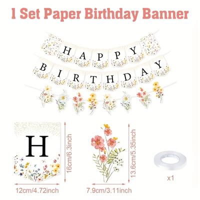 TEMU 1set, Wildflowers Birthday Banner, Colorful Happy Birthday Decor Pull Flag, Spring Summer Flower Paper Banner For Celebratory Party Supplies, Banners, Birthday Party Background Decor Image