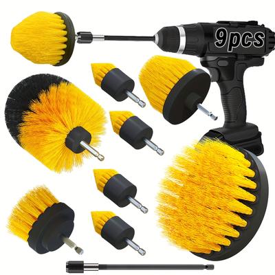 TEMU 9pcs Drill Brush Accessory Set, Multifunctional Cleaning Kit, Dual-use Cleaning Set For Home And Car, Wear-resistant Yellow Plastic Brush Head For Strong , Stains On Bathroom,tile, Floor Image