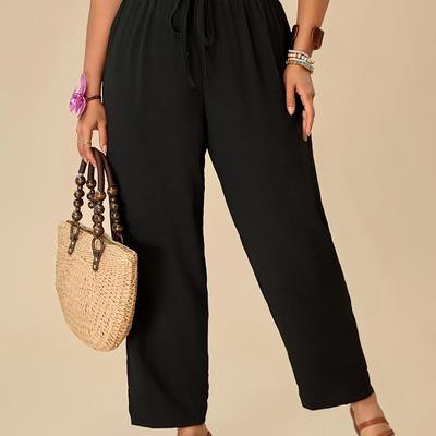 TEMU Elegant And Fashionable Plus-size Long Pants For Women, Featuring A Drawstring And Elastic Waistband For . Image