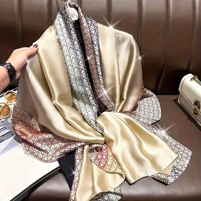 TEMU Elegant Geometric Print Satin Shawl Scarf For Women - Lightweight, Breathable Polyester, Travel & Casual Outfits, Ideal For Ramadan, Versatile Shawl | Elegant Accessory | Textur Image