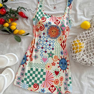 TEMU Elegant Off-shoulder Sleeveless Dress For Women - Vibrant Floral Print, Fitted, High-low , Spring/summer/fall, Adult Fashion, Cute Dress Image