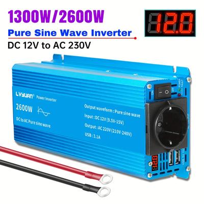 TEMU Lvyuan Pure Sine Inverter 1300w/2600w () 12v To Ac 230v/240v Converter With Ac Socket And Dual Usb Ports For Cars, Boats, Trucks, Rvs, Solar Power, Travel, And Camping. Image