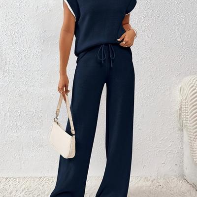 TEMU Women's Casual Color-block Pullover With Drawstring Pants Set - Beige & White, Round Neck, Short Sleeve, Polyester, Spring/summer, Casual Attire|color |polyester Image