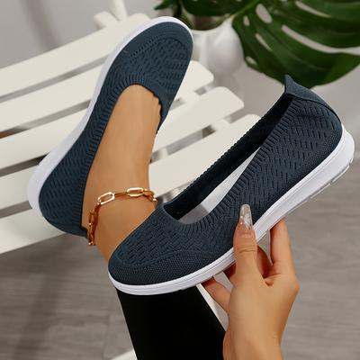 TEMU Women's Dark Blue Knit Slip-on Loafers - Breathable, Lightweight Casual Sneakers With Soft Fabric Upper & Pvc Sole For Comfortable Casual Attire, Simple , Cute Shoes Image