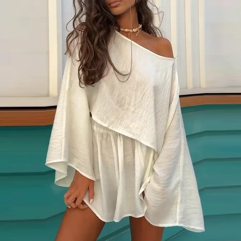 Sommer Einfache Lose Strand Anzug Neue Urlaub Langen Rock Frauen Outfit Casual Schrägen Kragen Langarm Top + Shorts Zwei Stück set Image