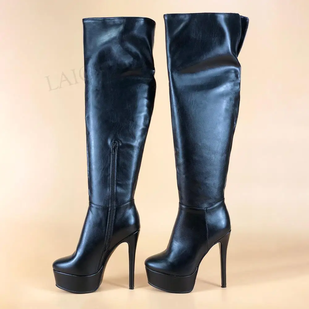 LAIGZEM Super Damen Overknee-hohe Stiefel Kunstleder Plateau Heels Seitlicher Reißverschluss Stiefel Frauen Stiefel Schuhe Frau Große Größe 37 38 52