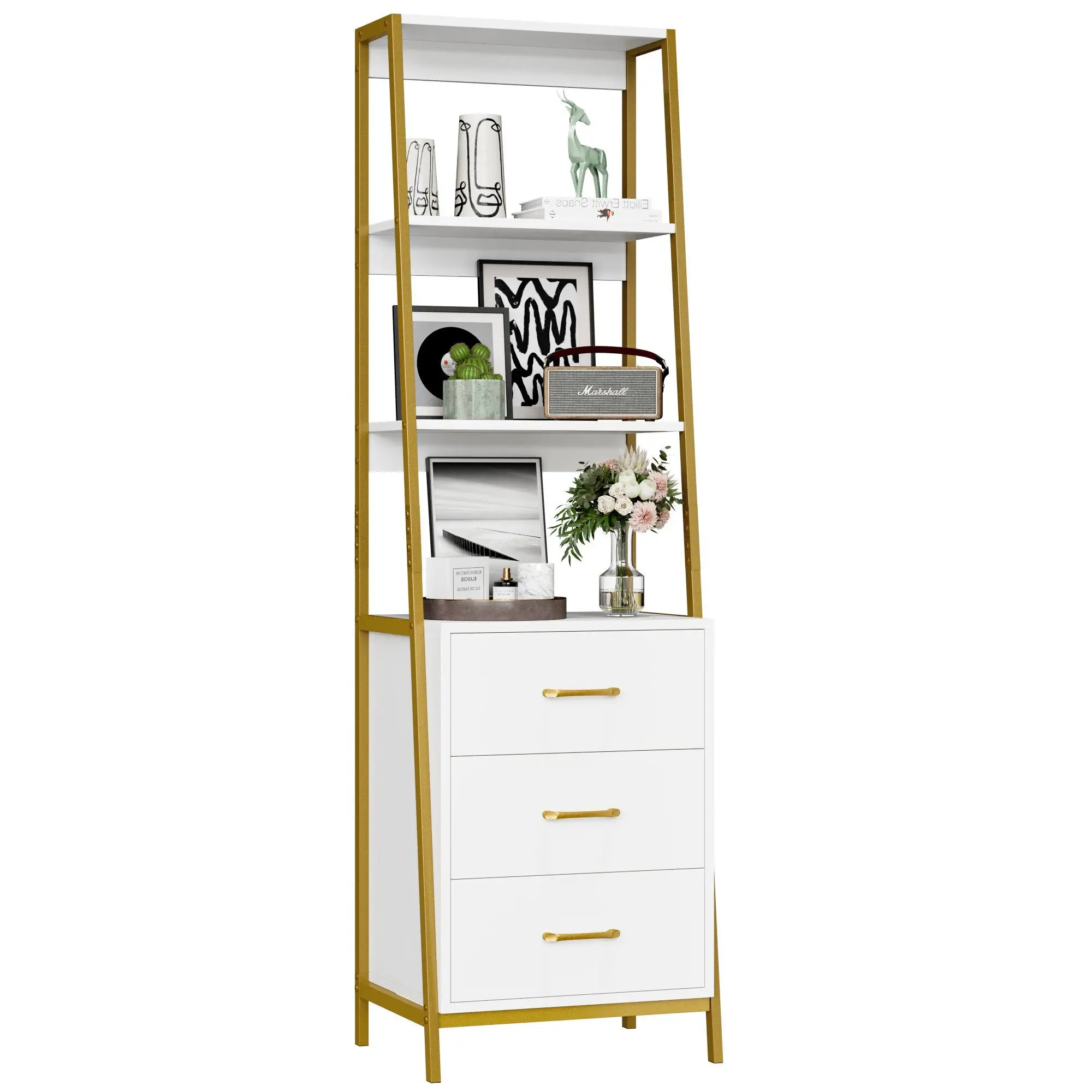 Bücherregal, Standregal mit 3 Ebenen, Büroregal mit 3 Schubladen, Holz & Metallgestell, Aufbewahrungsregal für Wohnzimmer, Büro, Image