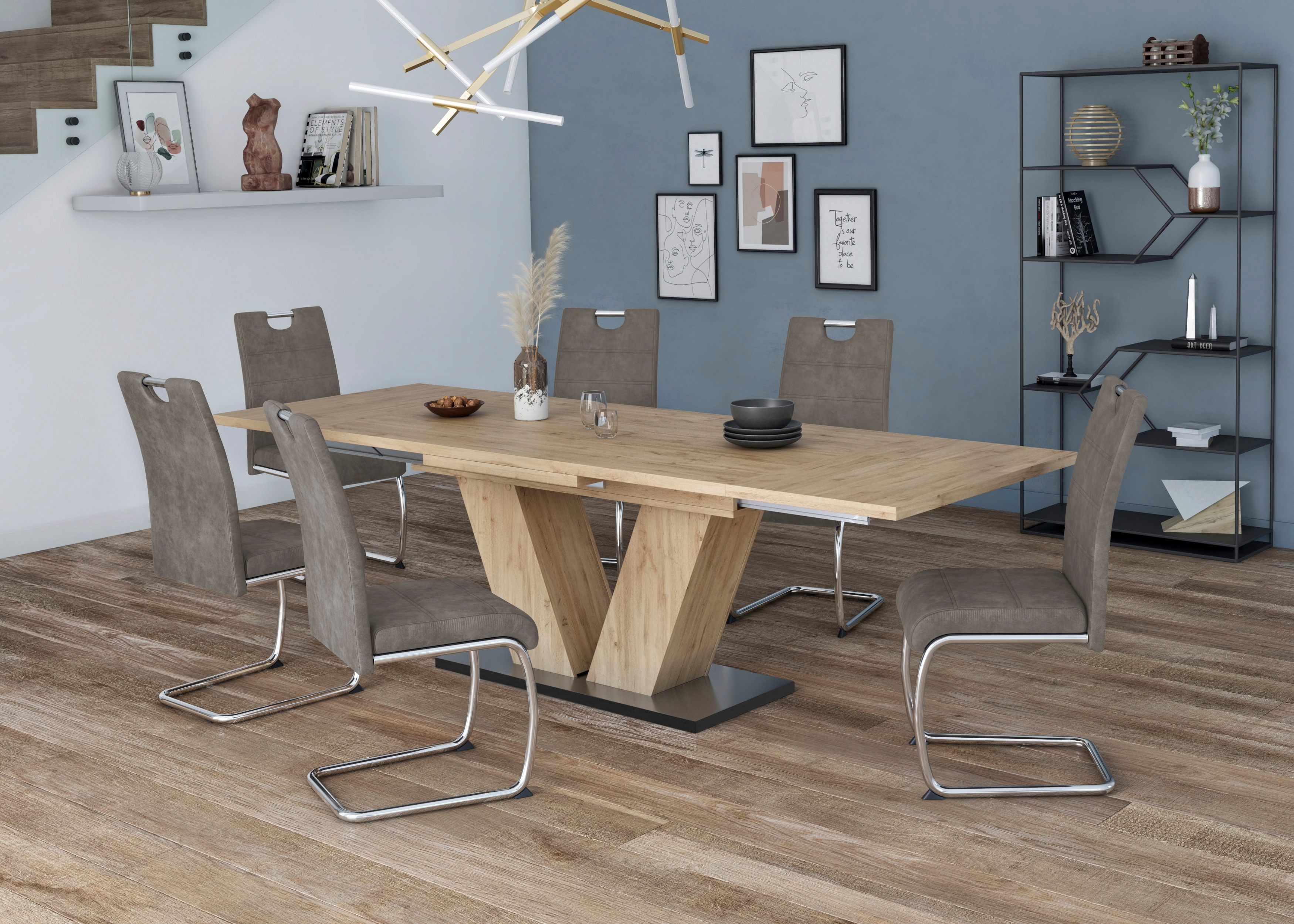 Esstisch MÄUSBACHER "Komfort Tisch TOPSELLER", braun (asteichefarben, asteiche, asteiche), B:160cm H:76cm T:90cm, Tische, Esstisch Ausziehbarer Esstisch, Mäusbacher Esstisch mit V Gestell und Bodenplatte. Breite 180-280