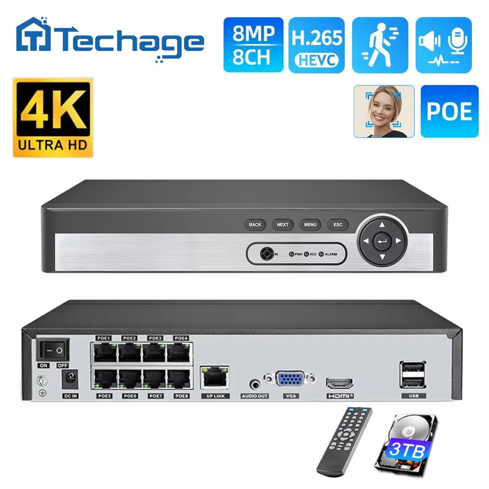 Techage NVR PoE 8CH 4K 8MP 5MP 4MP H.265 Registratore Video di Rete con Audio Bidirezionale per Sistema di Sorveglianza Telecamera di Sicurezza ONVIF