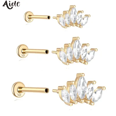 Aide1pc 100% 14K Solid Gold Multiple Sizes Zircon Stud Earring Simple Minimal Piercing Ear Bone Ear Studs Vintage Fine Jewelry