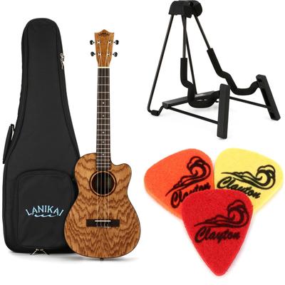 Lanikai OA-CEB Oak Ukulele with Cutaway & Electronics Essentials Bundle - Baritone