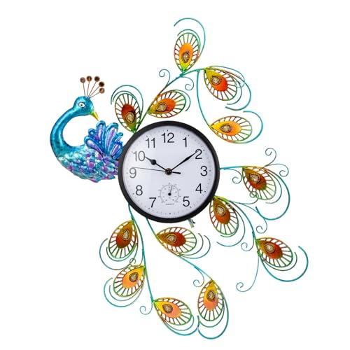 HOBYLUBY Outdoor Clock Silent Non-Ticking, Peacock Outdoor Wall Clock and Thermometer Combo, Outside Clock Art Decor for Patio, Garden, Home Decor