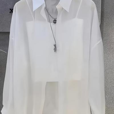 TEMU Women's Lightweight Summer Shirt - Elegant Sheer Long Sleeve Blouse With Button-up Front, 95% Polyester 5% Spandex, Machine Washable Top For Spring/summer , Ladies Summer Outfits Image