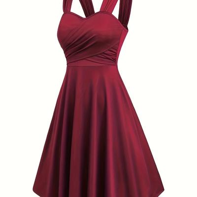 TEMU Women's Elegant Sleeveless -back Strap A-line Dress - Solid Color Machine Washable Medium Stretch Fabric For Spring/summer Casual & Formal Occasions Image