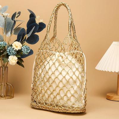 TEMU 1pc Fashionable And Elegant Style Golden-silvery Braided Lightweight Foldable Drawstring Women's Handbag, Suitable For Vacations, Traveling And Daily Outfits Image