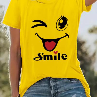 TEMU Women's Casual Crew Neck T-shirt With Happy Face Graphic Print, Short Sleeve Top For Spring/summer, , Machine Washable Image