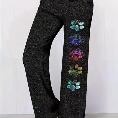TEMU Women's Casual Elastic Waist Graphic Print Pants - Grey With Colorful Paw & , Straight-leg Machine Washable Lounge Pants For Casual Attire, Cute Pants, Soft Fabric Image