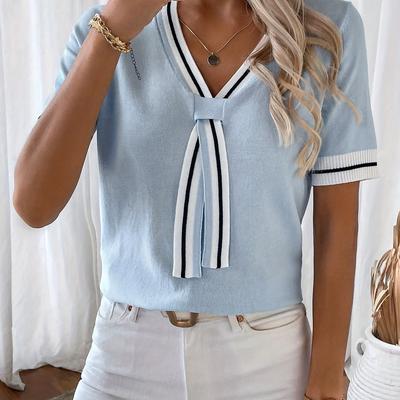 TEMU Women's Elegant V-neck Knit Top With Tie Detail - Black & Block, Short Sleeve, Breathable Polyester For Casual Summer Wear, Casual Summer Wear | Elegant Knitwear | Glossy Texture, Ladies T Shirt Image