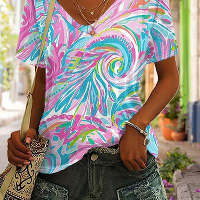 TEMU Women' V-neck T-shirt With Vibrant Floral Print - Lightweight Polyester Blend, Casual Short Sleeve Top For Summer, Machine Washable, Everyday Outfits, Versatile Tshirt | Outfit | Stretchy Fabric Image