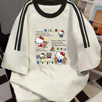 TEMU Women's Hello Kitty Graphic Tee - Casual Loose Fit Short Sleeve T-shirt With Inspirational Message, White & Black Striped Sleeves, Retro Spring/summer Style, Hello Kitty Shirt Image