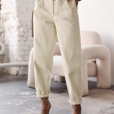 TEMU Women's High-waisted Beige Wide-leg Pants With Drawstring Waist - Casual Loose Fit, Button Detail, , Casual Attire, High Waisted Pants Image