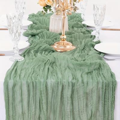 TEMU 10pcs Gray-green Cheese Cloth Table Runner (. 3 Meters) Bohemian Gauze Cloth Table Runner, 35 X 118 Inches (. 90 X 300cm) Suitable For Birthday Party, Children's Baptism, Wedding Party Decoration Image