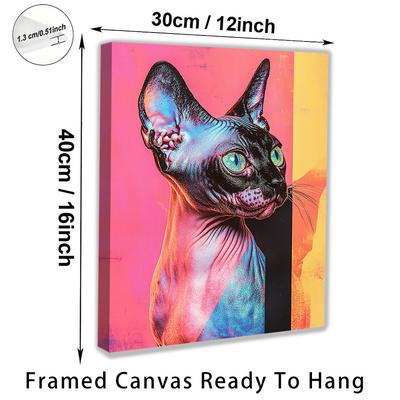 TEMU Print Painting 1pc Neon Sphynx Cat Canvas Print, Modern Pop Art Wall Art, Vivid Colorful Cat Portrait, Other Material, With Ready To Hang Decor For Living Room, Bedroom, Office Image