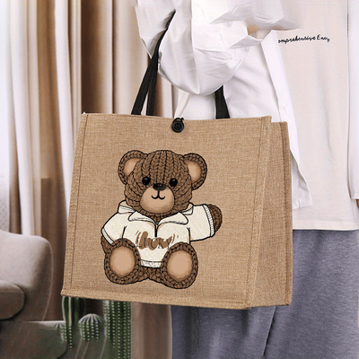 TEMU Chic Hemp Burlap Women's Tote Bag With Cute - Cozy Charm Art, Large Capacity, Versatile Shoulder Handbag For, Work, Shopping, And Commuting, Portable Cloth Ba Image