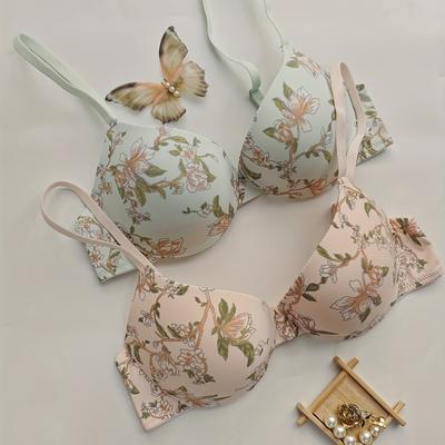 TEMU 2pcs Women's Floral Print Bras - Comfortable Everyday Push-up With Non-removable Padding, Medium Support, Elegant Style For Adults, Underwire Wires, Ladies Everyday Bras|elegant Floral Pattern| Image