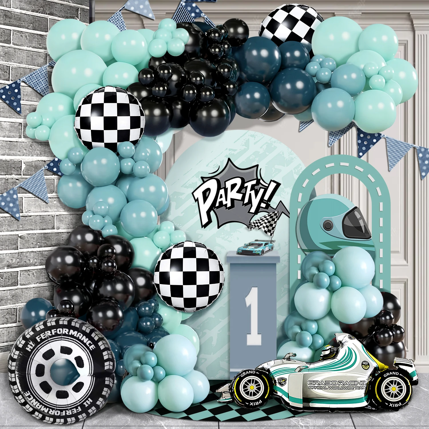 102-teiliges Set mit blauen und schwarzen Renn-Themen-Party-Ballon-Girlanden, mit Rennballons und Reifen in Schwarz-Weiß-Folienball Image