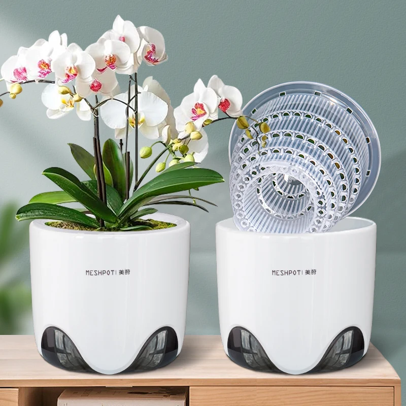 Meshpot Doppelschichtige Orchideentöpfe mit Löchern – Kunststoff-Pflanzgefäße aus Keramik imitieren, Luftzirkulationsdesign für Phalaenopsis-Orchidee Image