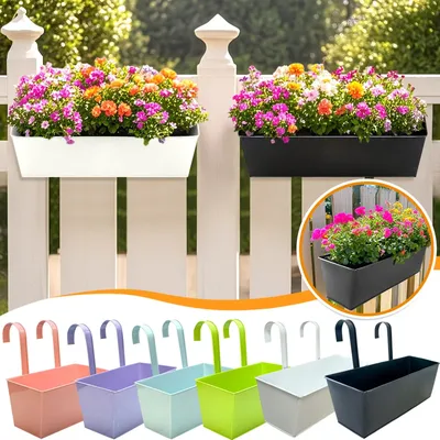 Black Metal Iron Hanging Flower Pots Outdoor Plants Planter Modern Boho Style Wall Mount Window Box Decks Railings Fence Buckets
