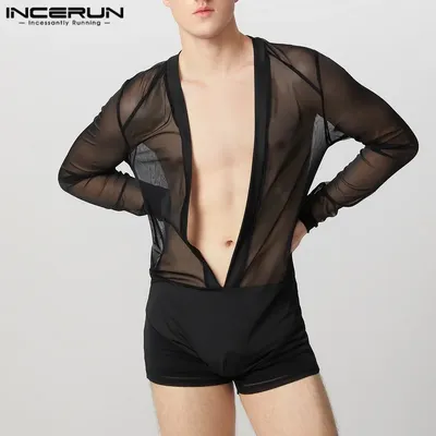 INCERUN Patchwork Sommer Frühling Männer Bodys V-ausschnitt Langarm Männliche Strampler Sexy Image