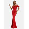 Jerseykleid MODA MINX "Alaia Off Shoulder Dress", Damen, Gr. L, EURO-Größen, rot, 100% Polyester, elegant, lang, Carmenausschnitt, Kleider, mit stilvollem Rüschen-Element